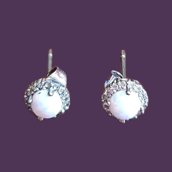 STERLING Silver Halo Opal Circle Bridal Post Earrings - Picture 1 of 6